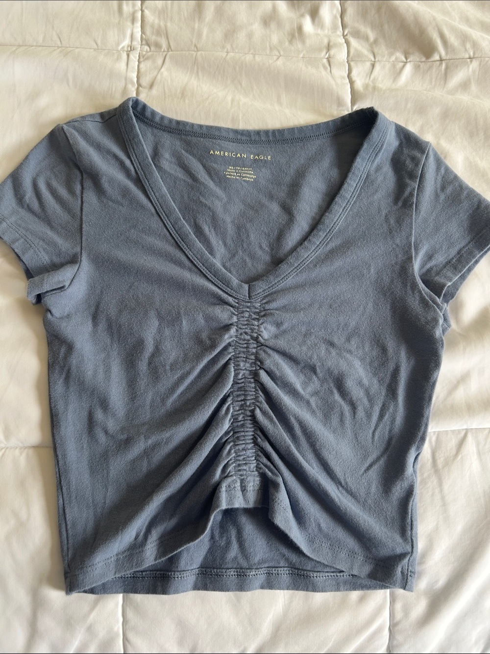 American Eagle Outfitters Dusty Blue Ruched V-Neck Crop Top